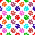 ÃÂ¡olorful paw print background. Seamless repeating pattern. Cat or dog footprints different colors. Vector illustration. Royalty Free Stock Photo